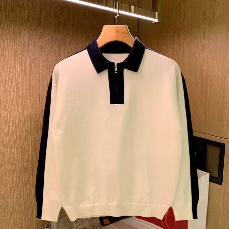 Men's Clothing Lapel Sweater Tops Men's Fashion Knit Collar Sweater Long Sleeve Top - Loose Fit Color Block Pullover For Autumn & Winter_viptrois.com