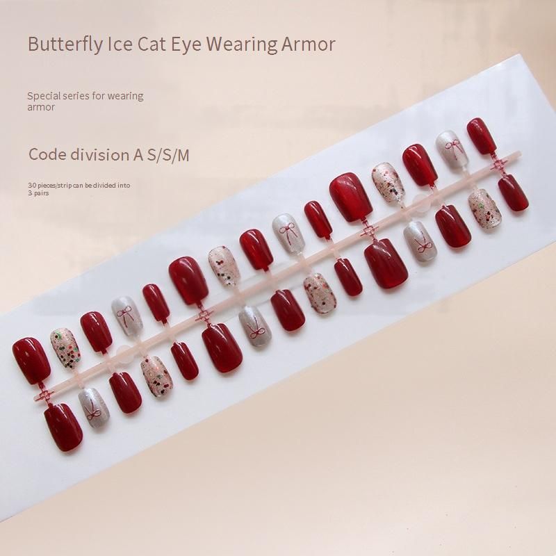Beauty & Health Handmade Prefabricated Cat's Eye Three Dimensional Red Bow Colorful Glitter Wearable Nails 30 Pieces_viptrois.com