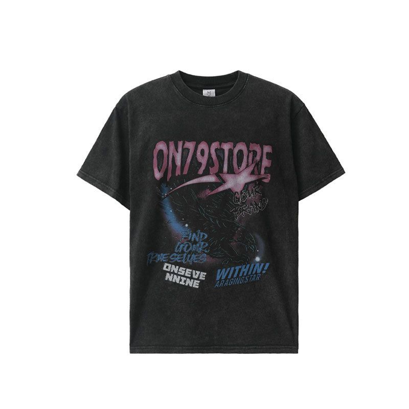 American Style Retro Washed Black And White Ink Direct Print Trendy Loose Fit Men's Short Sleeve T-Shirt_viptrois.com
