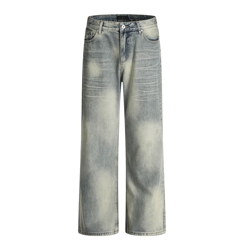 Tie-Dye Washed Gradient Denim Men's Casual Punk Street Distressed Loose Wide-Leg Straight Pants_viptrois.com