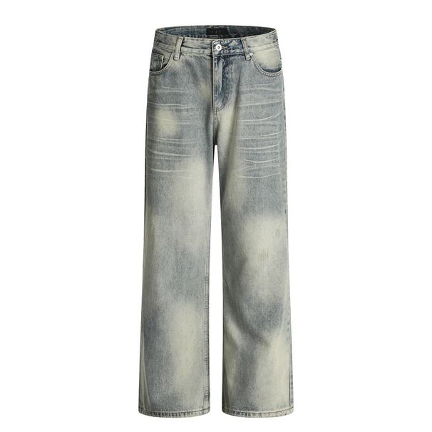 Tie-Dye Washed Gradient Denim Men's Casual Punk Street Distressed Loose Wide-Leg Straight Pants_viptrois.com