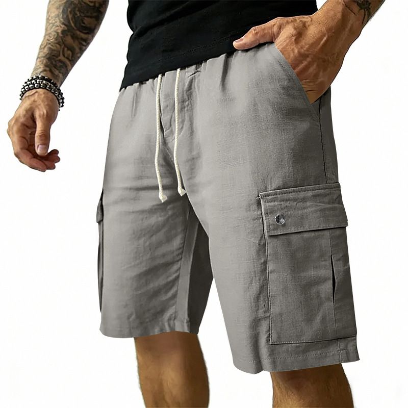 Men's Linen Blend Cargo Shorts With Drawstring Waist Multi-Pocket Workwear Casual Summer Shorts Breathable Beach Shorts_viptrois.com