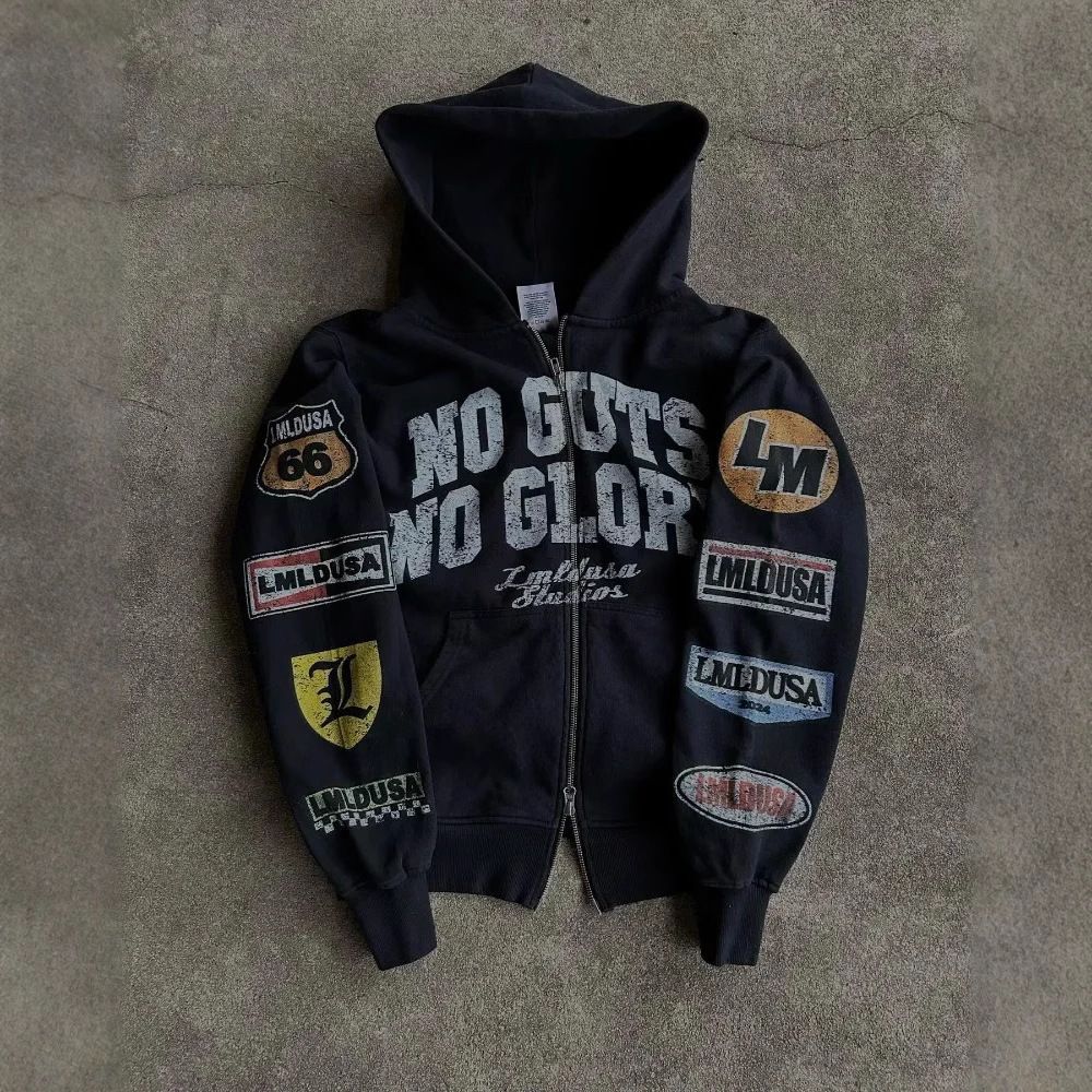 Street Hip Hop Vintage Print Black Zipper Hoodie 2022 Y2K Harajuku Jacket Sweatshirt Women_viptrois.com