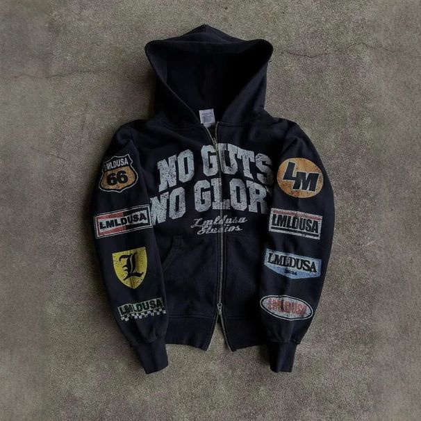 Street Hip Hop Vintage Print Black Zipper Hoodie 2022 Y2K Harajuku Jacket Sweatshirt Women_viptrois.com