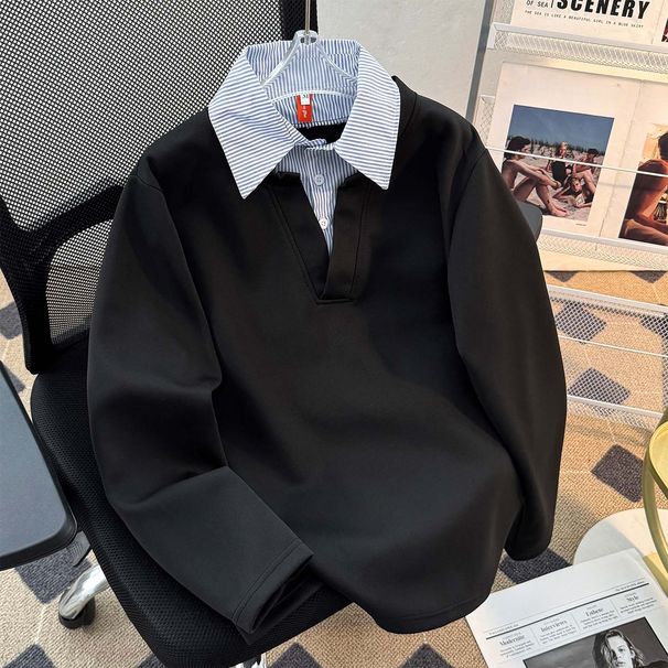 Men's Layered Collar Sweatshirt – Streetwear Mock Shirt Pullover With Contrast Stitching (Black/Grey, S-3XL)_viptrois.com
