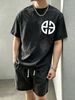 230g Vintage Washed Men Casual Tee White Round Split Cross Geometric Symbol Logo Print Short Sleeve Loose Daily Street Tshirt_viptrois.com