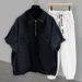 Men's Clothing Half Zipper Solid Color Short Sleeved Suit Men's Summer Trendy Brand Workwear Pocket Design Student Loose Short Sleeved Cuffed Trousers_viptrois.com