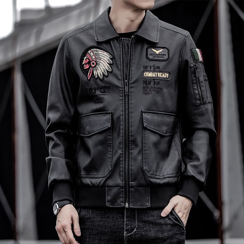 Men's Clothing leather clothing personality lapel embroidery motorcycle clothing leisure trend leather jacket_viptrois.com
