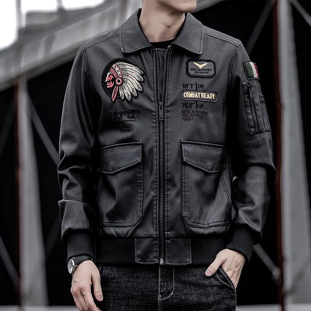 Men's Clothing leather clothing personality lapel embroidery motorcycle clothing leisure trend leather jacket_viptrois.com