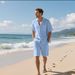 Men's Clothing Summer Linen Solid Color Lapel Button Casual Breathable Short Sleeved Shirt Beach Suit_viptrois.com