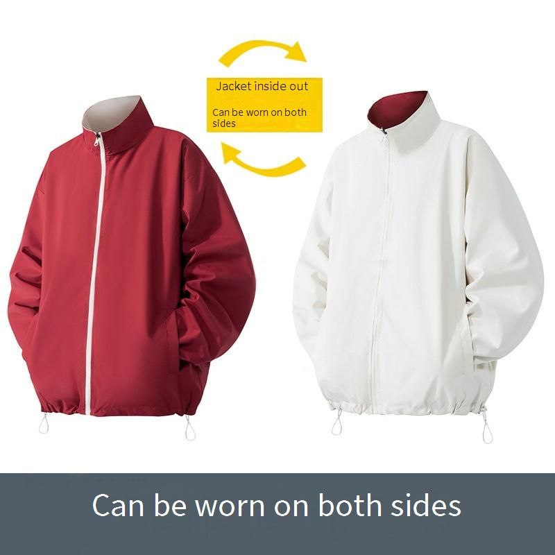 Reversible Streetwear Jacket – Unisex Two-Sided Stand Collar Coat With Zip Closure (M-3XL, Black/White & Red/White & Black/Red)_viptrois.com
