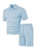 Summer Mens Solid Textured Polo Short Sleeve Top Elastic Waist Shorts Casual Tracksuit Set_viptrois.com