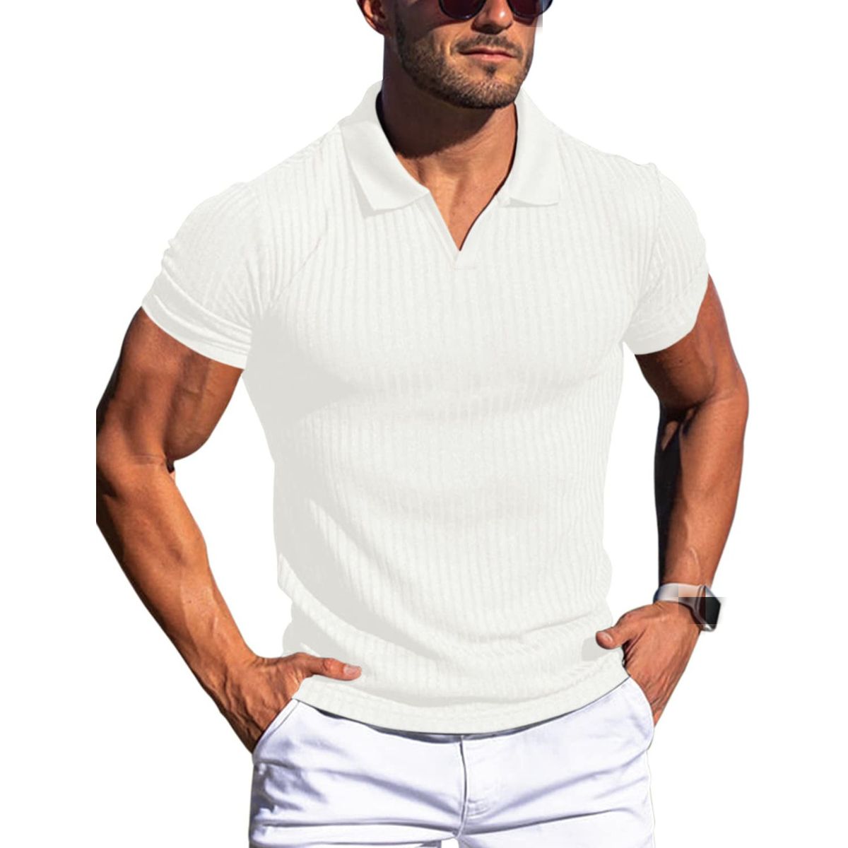 2026 Summer New Style Daily Casual Polo Shirt Collarless V-neck Short Sleeve T-Shirt Men's Clothing_viptrois.com