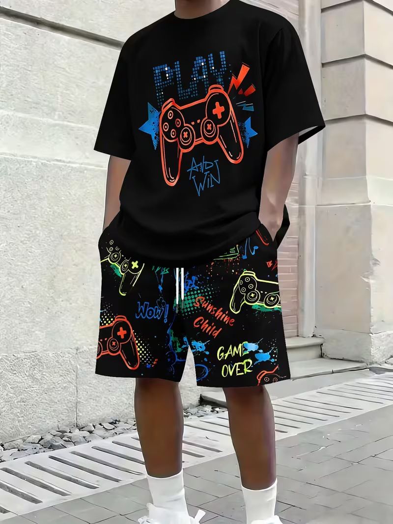 Men's Gamer Graphic T-Shirt And Shorts 2-Piece Set Casual Summer Outfit Polyester Comfort Versatile Summer Wear_viptrois.com