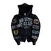 Men's Clothing Retro Print Black Zipper Y2K Streetwear Black Zip-Up Hoodie For Women - Retro Graphic Print Oversized Pullover With Kangaroo Pocket_viptrois.com