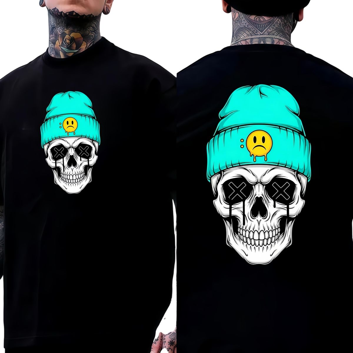 Gorro Verde Menta Camiseta Impresión Calavera De Doble Cara Diseñador Patrón Original Streetwear Casual Y2K Unisex_viptrois.com