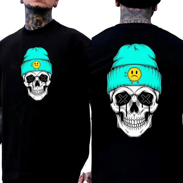Gorro Verde Menta Camiseta Impresión Calavera De Doble Cara Diseñador Patrón Original Streetwear Casual Y2K Unisex_viptrois.com