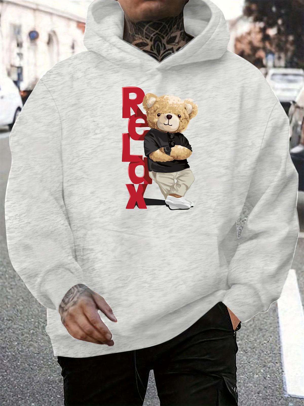 Men's Autumn And Winter Casual Fashionable Loose Hooded Sweatshirt RELDX Bear Pattern Printed Warm Long Sleeved Pullover_viptrois.com