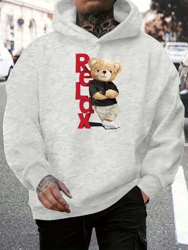 Men's Autumn And Winter Casual Fashionable Loose Hooded Sweatshirt RELDX Bear Pattern Printed Warm Long Sleeved Pullover_viptrois.com