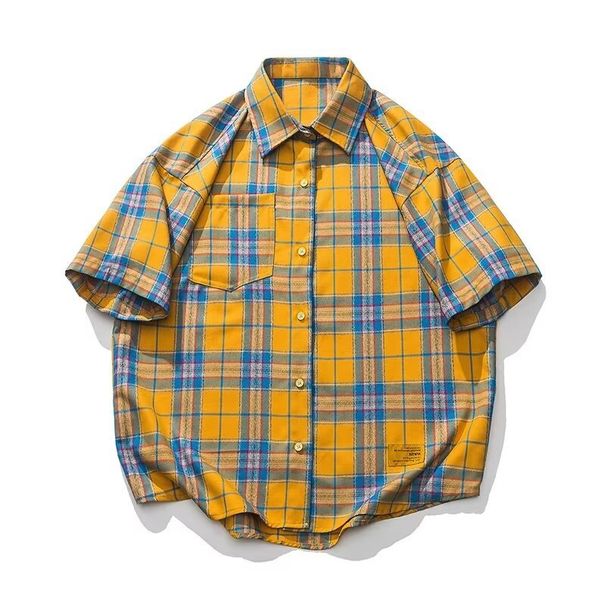 American Plaid Yellow Shirt Short Sleeved Men's Summer Trendy Brand Loose Couple Casual Book Jacket Top_viptrois.com