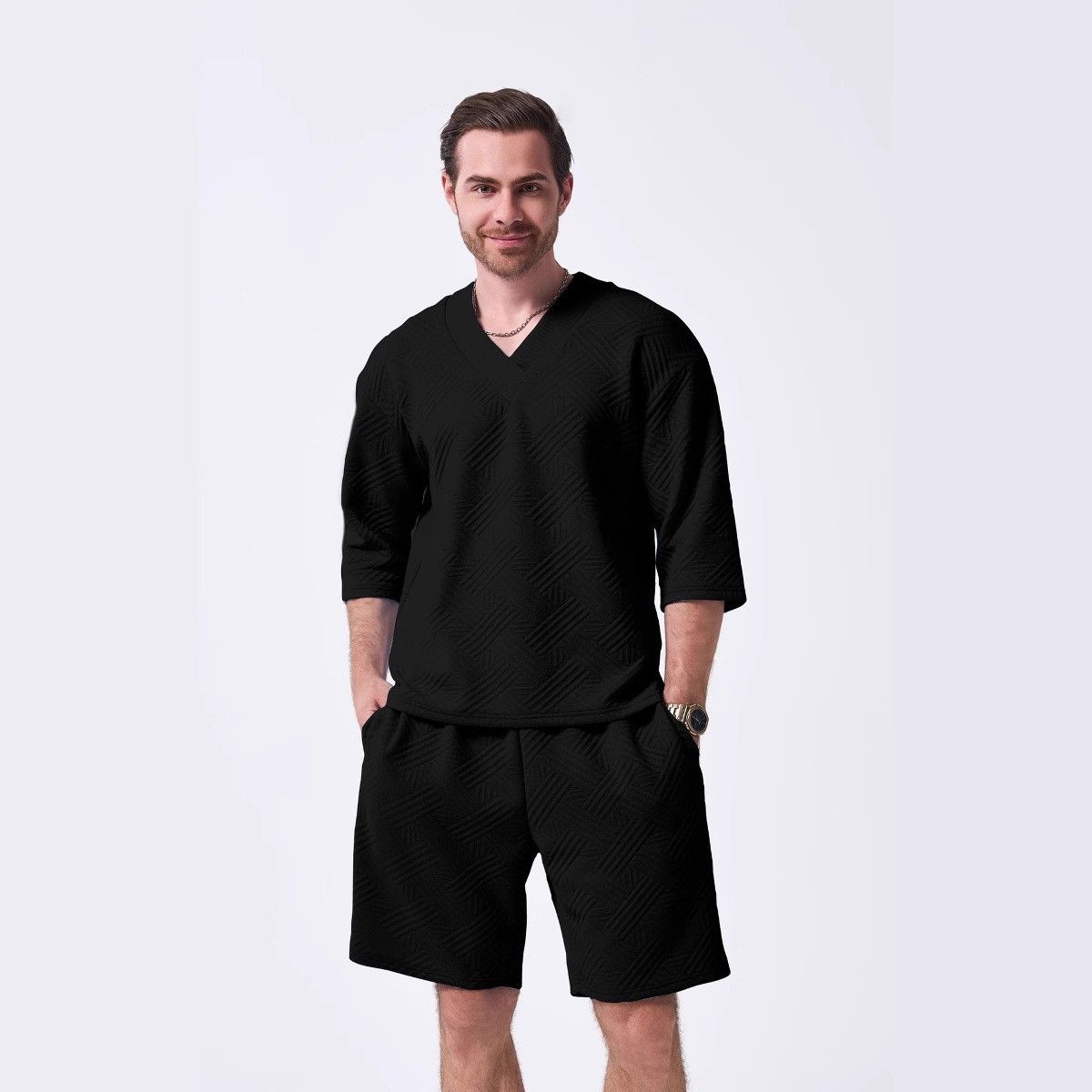 Men's Clothing Summer New Style Sweetheart Collar Casual Loose Short Sleeved Jacquard Outdoor Top Shorts Men's Suit_viptrois.com