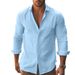 Men's Casual Long Sleeved Shirt Solid Color Lapel Button Down Cotton Beach Top Style New_viptrois.com