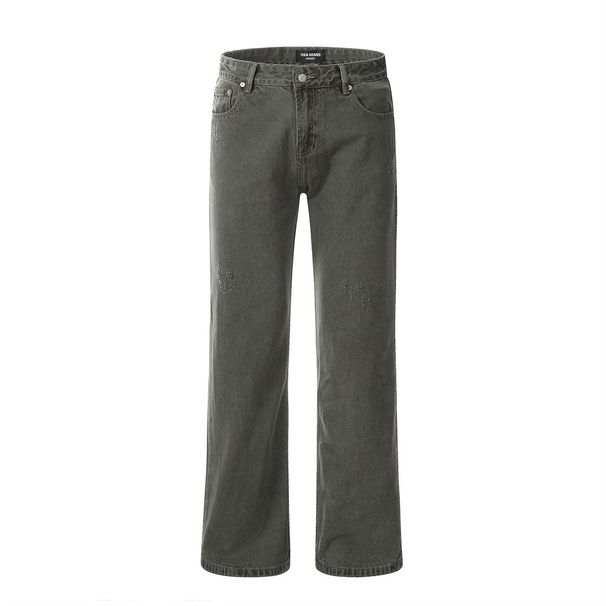 Washed Vintage Distressed Denim Straight-Leg Men's Trendy Fashion Back Pocket Embroidery Casual Floor-Length Wide-Leg_viptrois.com
