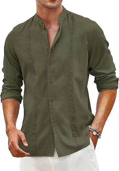 Men's Clothing Men's Cotton And Linen Blended Cardigan Button Solid Color Daily Casual Stand Up Collar Long Sleeved Shirt_viptrois.com