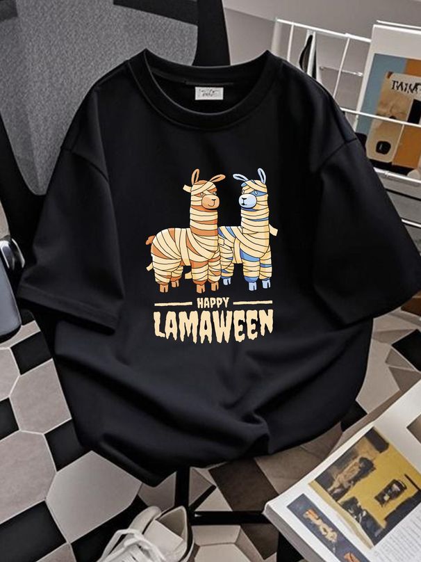 Happy Lamaween Funny Blade Halloween Men's Cotton T Shirt Stretched Slightly Breathable Comfortable Unisex Fashion Soft Homme Streetwear Versatile_viptrois.com