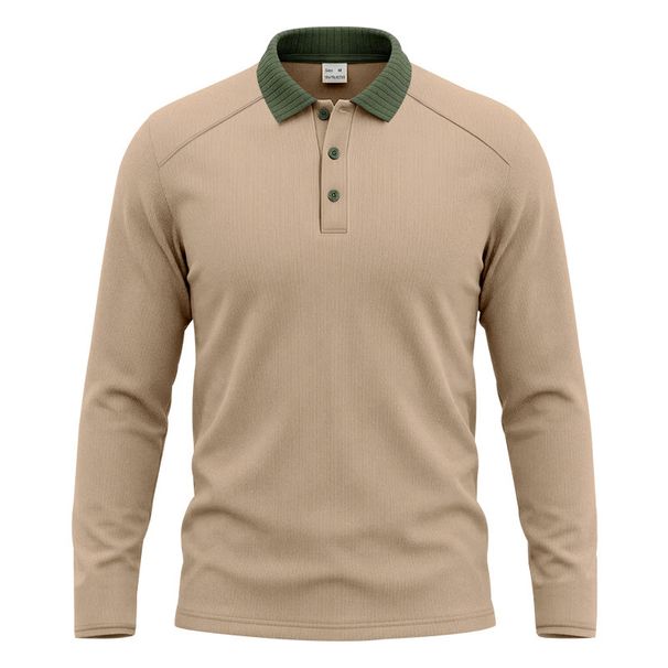 Classic Men's Long Sleeve Polo Shirt With Contrast Collar, Breathable & Wrinkle-Resistant For Business Casual & Everyday Wear_viptrois.com