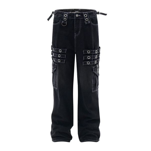 Punk Rock Cargo Jeans For Men Hiphop Trendy Niche Design With Straps And Pockets Straight-Leg Long Pants_viptrois.com