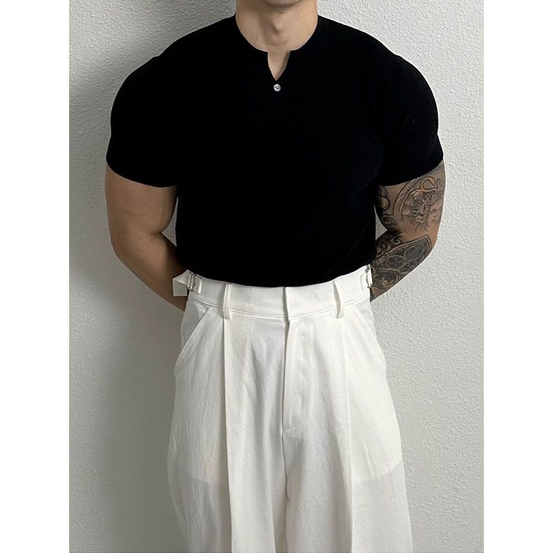 Men's Clothing Summer New Short Sleeved Sweater Men's Henley Collar Button Slim Fit Business Ice Silk Trend T Shirt_viptrois.com