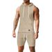 Men's Clothing Sleeveless Solid Color Jacquard Knitted Hooded Sleeveless Casual Vest Shorts Suit_viptrois.com