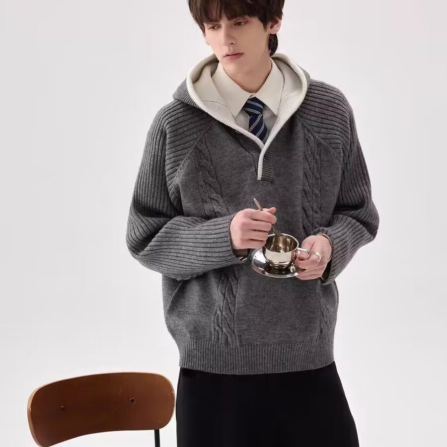 Color Blocked Hooded Twisted Pattern Thick Knit Sweater, Men's And Women's Loose Top_viptrois.com
