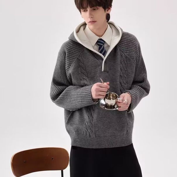 Color Blocked Hooded Twisted Pattern Thick Knit Sweater, Men's And Women's Loose Top_viptrois.com
