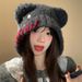 Women's Hats Autumn And Winter New Cute Button Bear Ear Knitted Hat Women's Plush Black Wool Hat Warm Ear Protection Hat_viptrois.com