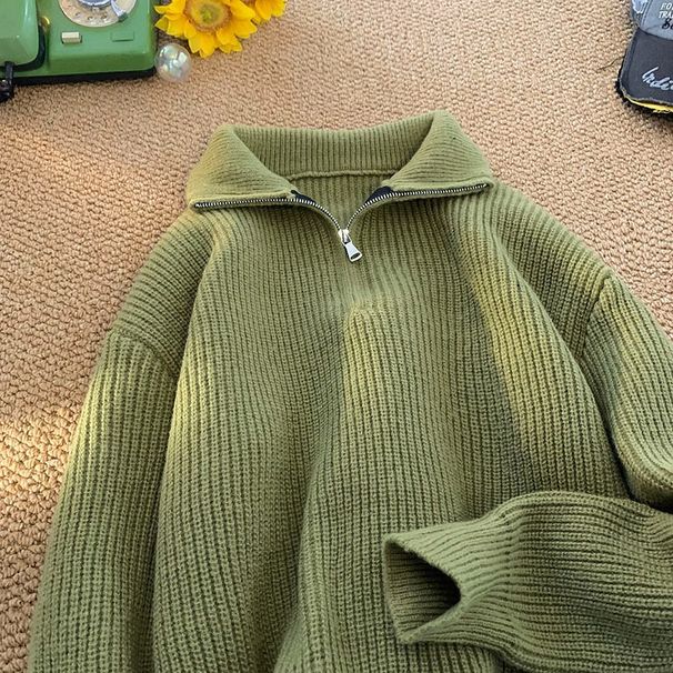 Autumn and Winter New Half Zipper Sweater Knitted Shirt Men's Trendy Brand Versatile Bottom Shirt Trendy Loose Top_viptrois.com