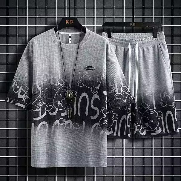 Clothing Waffle Suit Men's Summer New Style Watermark Fashion Trend Loose Tie Dye Five Quarter Sleeves_viptrois.com