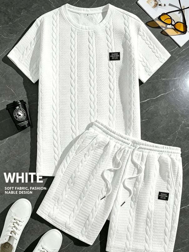 Men's Round Neck Casual Sports Suit Short Sleeved Two Piece Set Popular Jacquard New Summer Style_viptrois.com