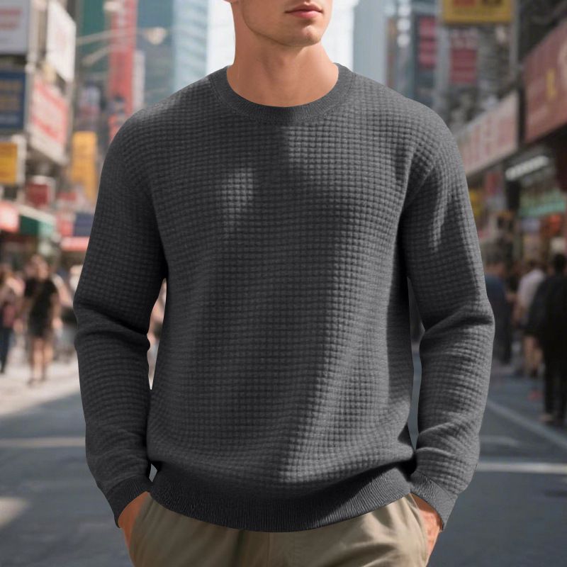 Men's Casual Sweatshirt - Relaxed Fit Crewneck Pullover With Mini Check Pattern | Soft Cotton Blend, Thickened For Spring/Fall_viptrois.com