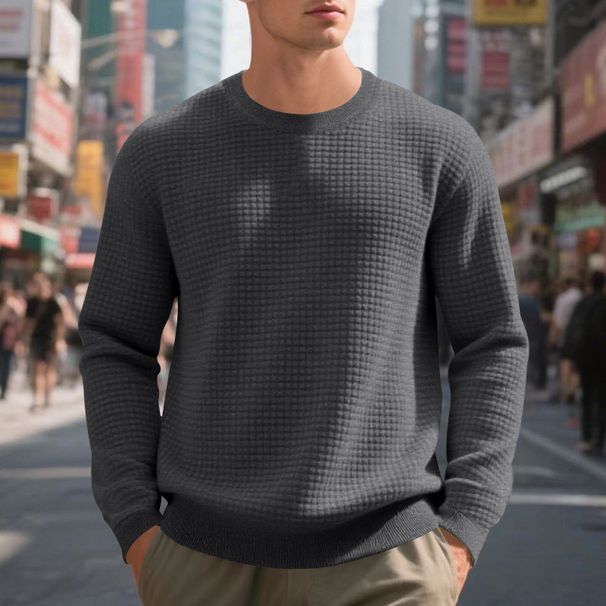 Men's Casual Sweatshirt - Relaxed Fit Crewneck Pullover With Mini Check Pattern | Soft Cotton Blend, Thickened For Spring/Fall_viptrois.com