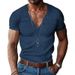 Men's Corduroy Short Sleeved Summer V-neck Solid Color Slim Fit Casual T-shirt Men's Top_viptrois.com