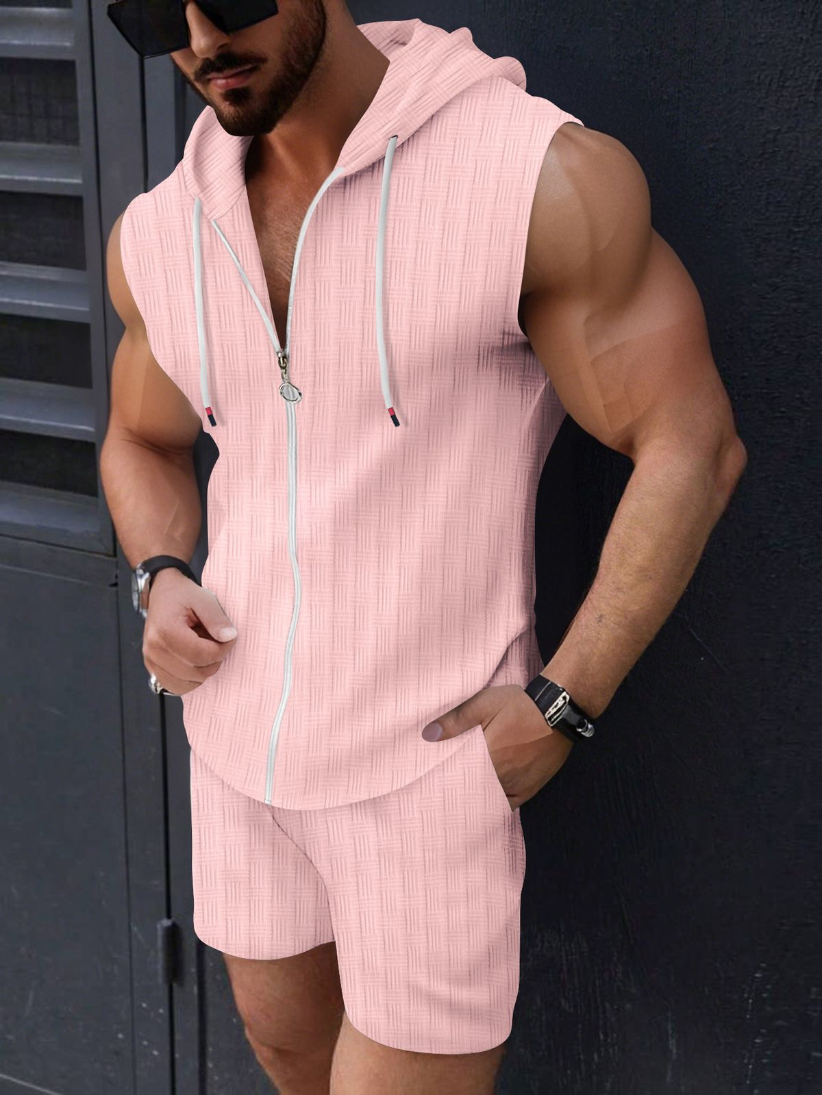 Men's Clothing New Fashion Men's Hooded Suit Zipper T Shirt Plaid Sleeveless Vest Shorts Men's Casual Two Piece Suit_viptrois.com
