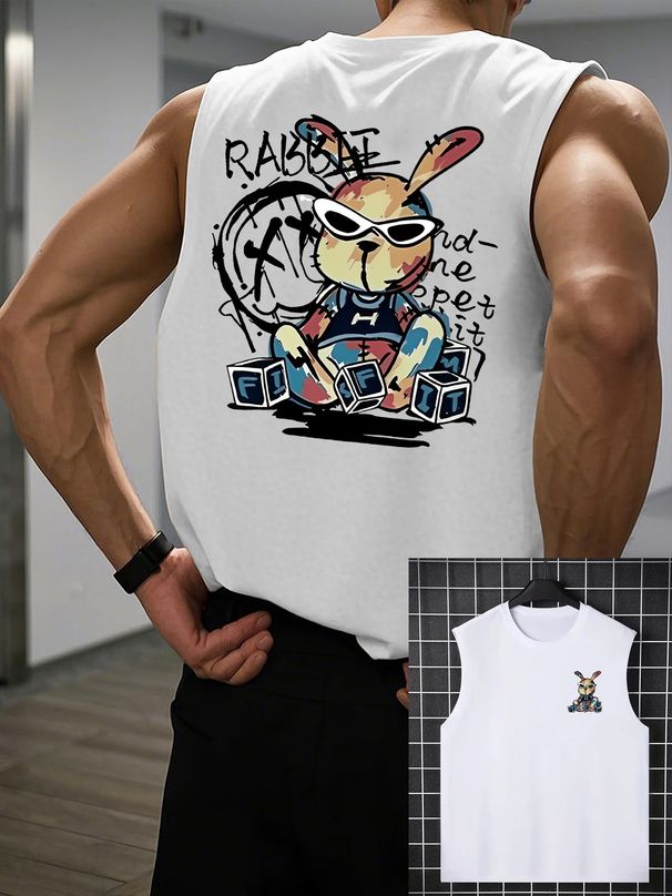 100% Pure Cotton Men's Summer Casual Sports Fitness Loose Personality Rabbit Pattern Printed Breathable Round Neck Sleeveless Vest_viptrois.com