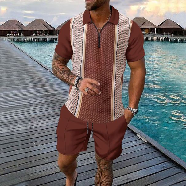 Men's Summer Plus Size Polo Shirt Print Set, Fashionable And Casual Sports Short Sleeved Shorts Two-piece Set_viptrois.com