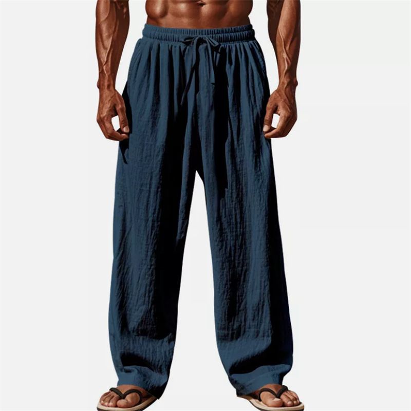 Men's Clothing Cotton And Linen Solid Color Drawstring Elastic Waist Daily Casual Breathable Straight Trousers_viptrois.com