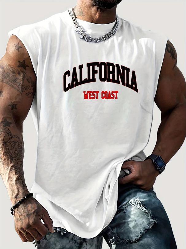 100% Pure Cotton Men's Summer Casual Sports Fitness Loose California West Coast Letter Pattern Printed Breathable Round Neck Sleeveless Vest_viptrois.com