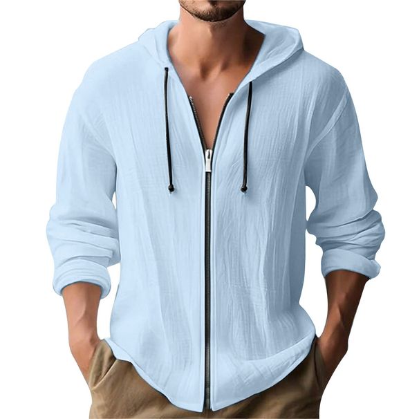 Men's Linen-Blend Zip Hoodie – Lightweight Breathable Long Sleeve Shirt Jacket (White/Black/Khaki, S-XXXL)_viptrois.com