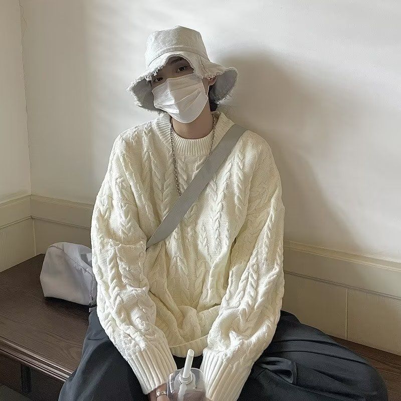 Men's Round Neck Knitting Coat Men's Design Fried Dough Twists Loose Lazy Sweater_viptrois.com