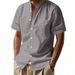 25 European And American Men's Summer Loose Linen Cardigan Solid Color Casual Stand-up Collar Beach Short-sleeved Shirt_viptrois.com
